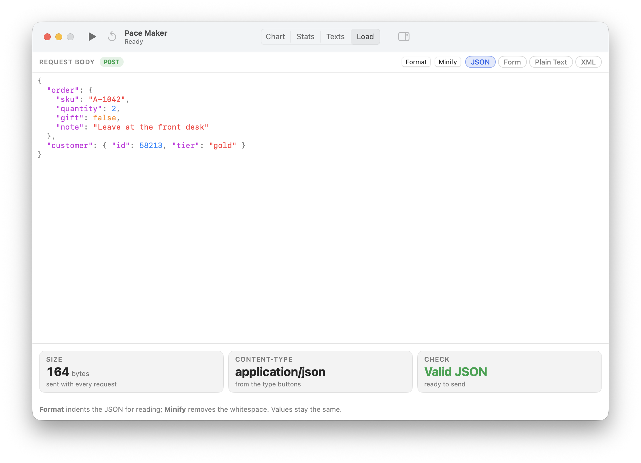 Load tab with a highlighted JSON request body, size, Content-Type and validity readouts