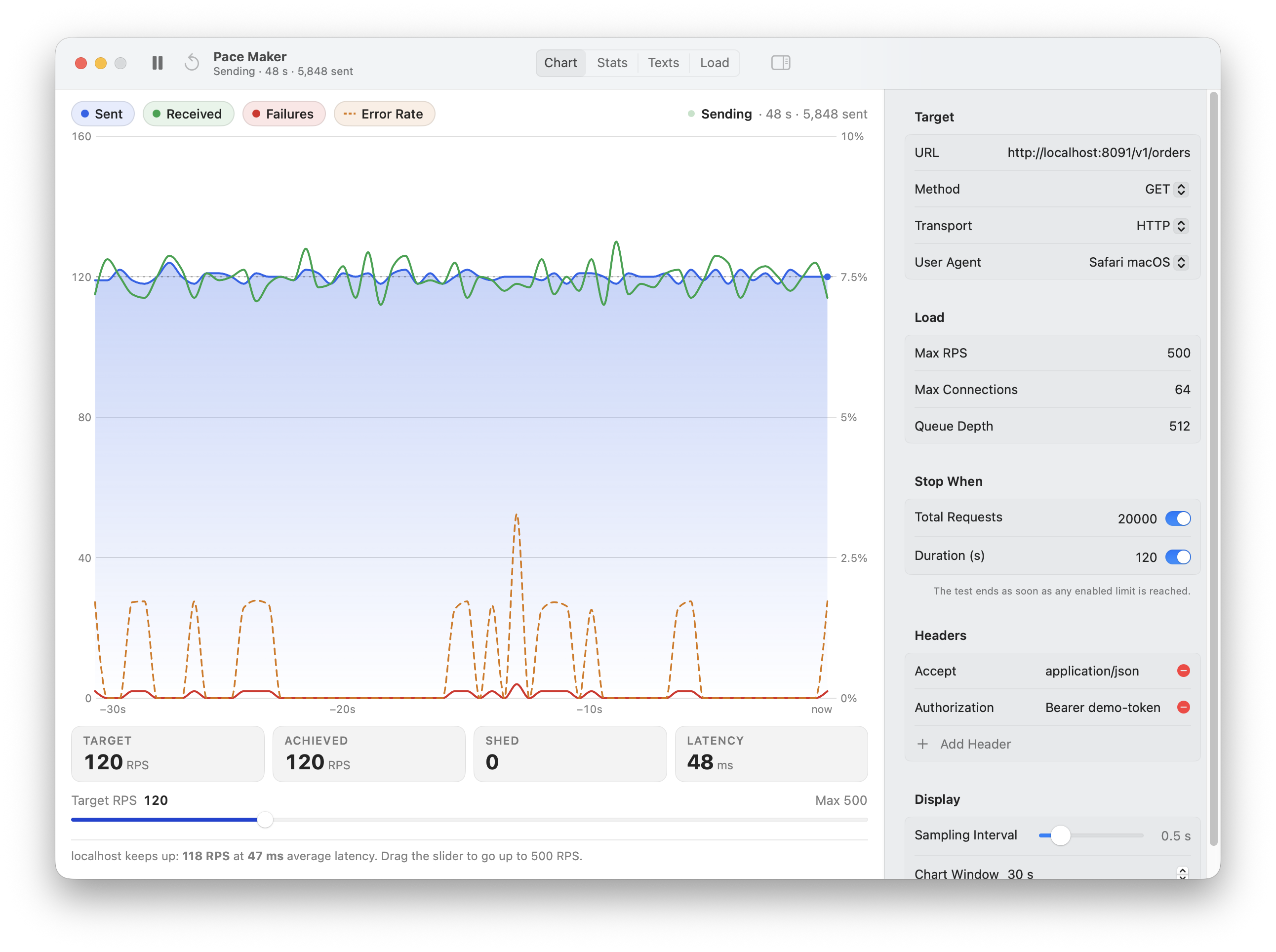Pace Maker running a load test with the live chart and the settings inspector open