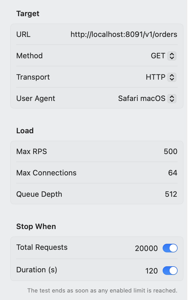 Settings inspector with the target, Max RPS and stop conditions