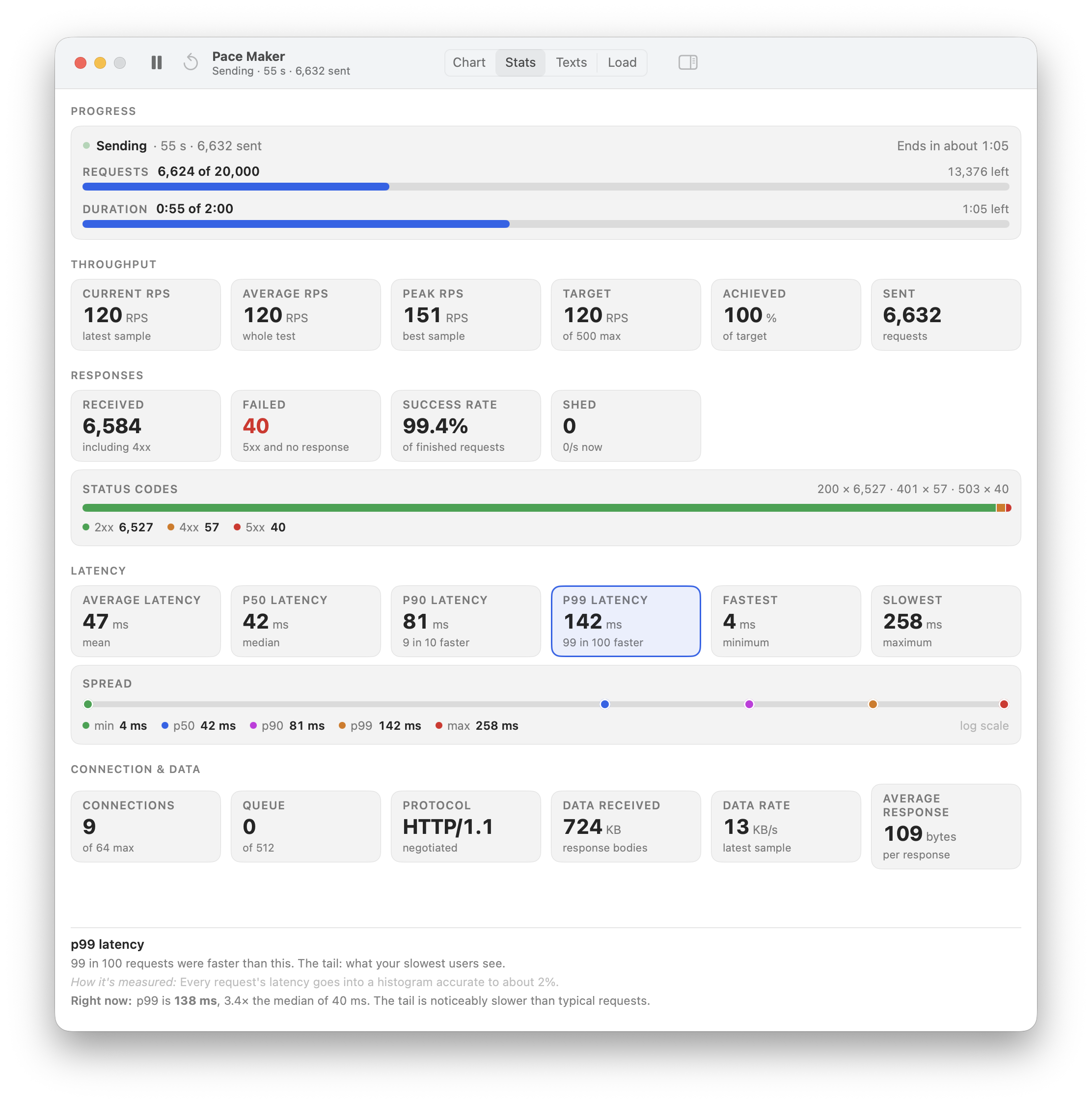 Stats tab with progress, throughput, status codes, latency percentiles and an explanation of p99