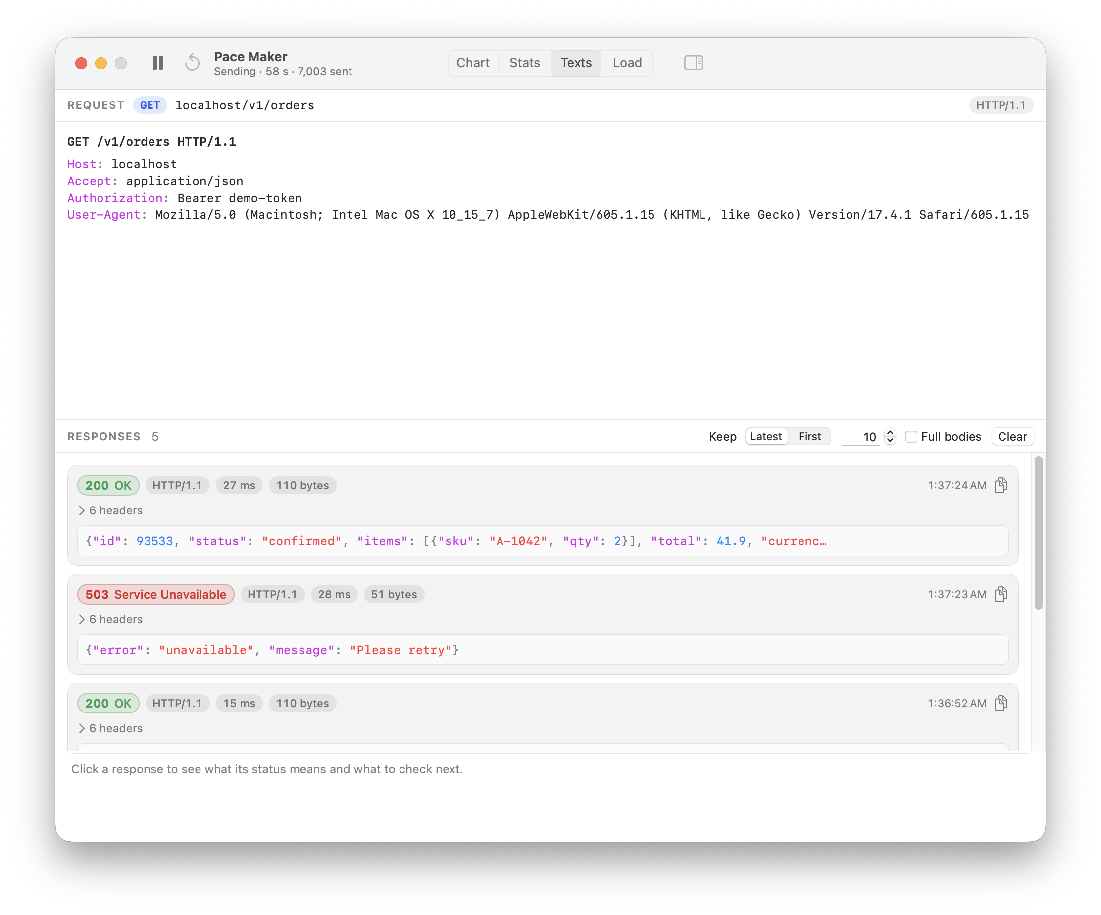 Texts tab with the outgoing request and response cards showing status, latency and size